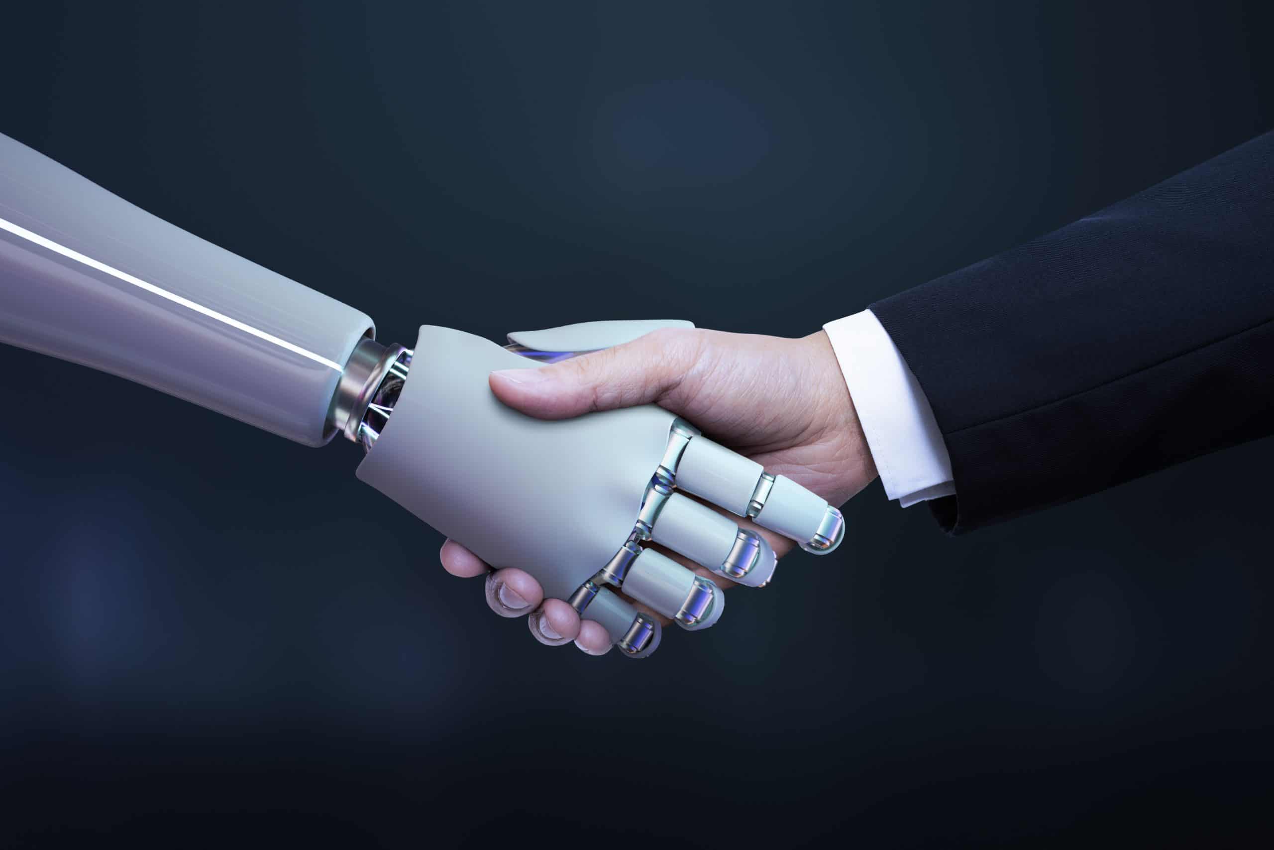 Business hand robot handshake, artificial intelligence digital t AI in Trading